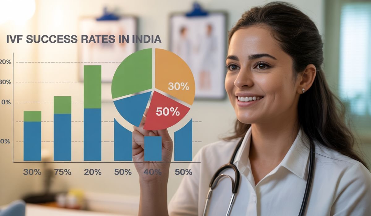A doctor smiling while pointing at a transparent screen displaying charts and graphs showing IVF success rate in India, including bar graphs and a pie chart with percentages.