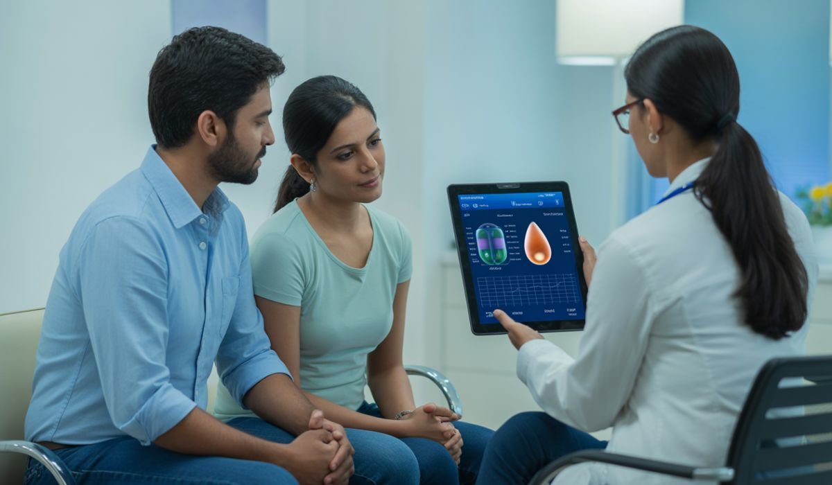 Indian couple discussing fertility treatment options with a fertility specialist in a modern IVF clinic during a consultation.