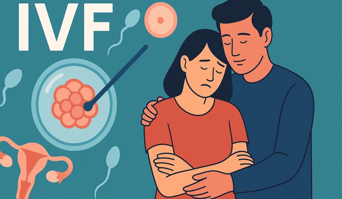 Couple coping with infertility beside IVF treatment illustration.