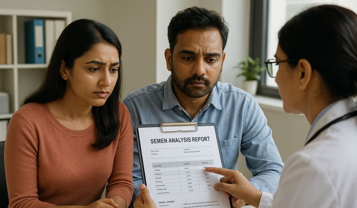Doctor showing semen analysis report to an Indian couple during a male fertility evaluation at a fertility clinic.