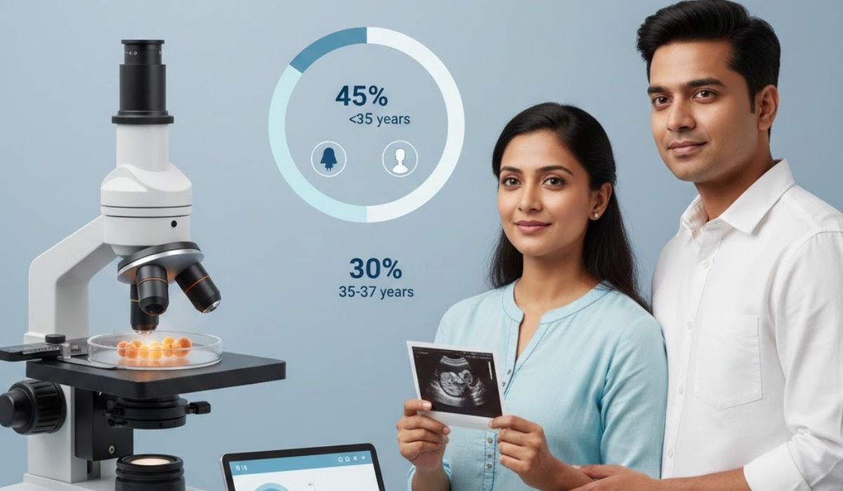 IVF success rate in India shown with age-wise percentage data, an IVF lab setup, and an Indian couple reviewing ultrasound results.