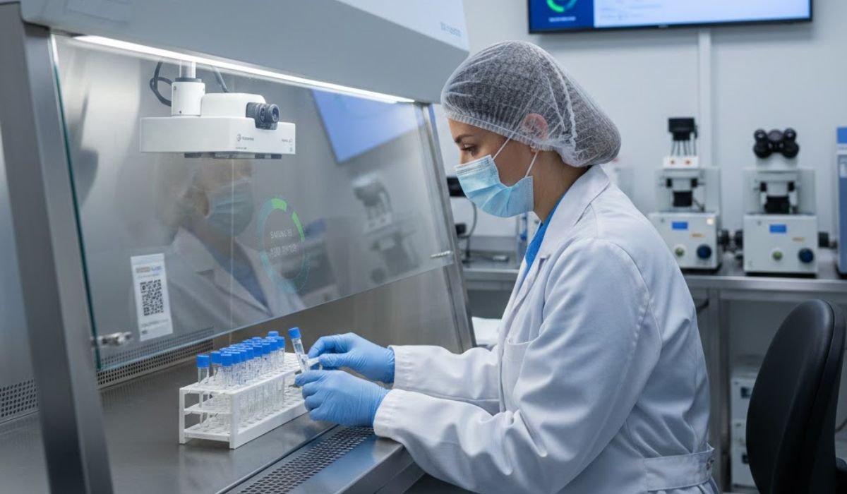 Embryologist using an electronic IVF witnessing system to track laboratory samples