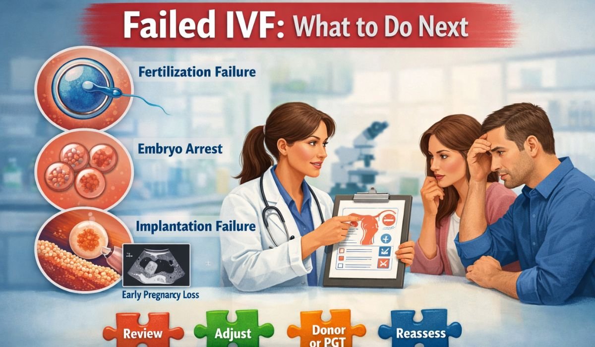 Medical illustration showing IVF failure stages and decision steps after a failed IVF cycle