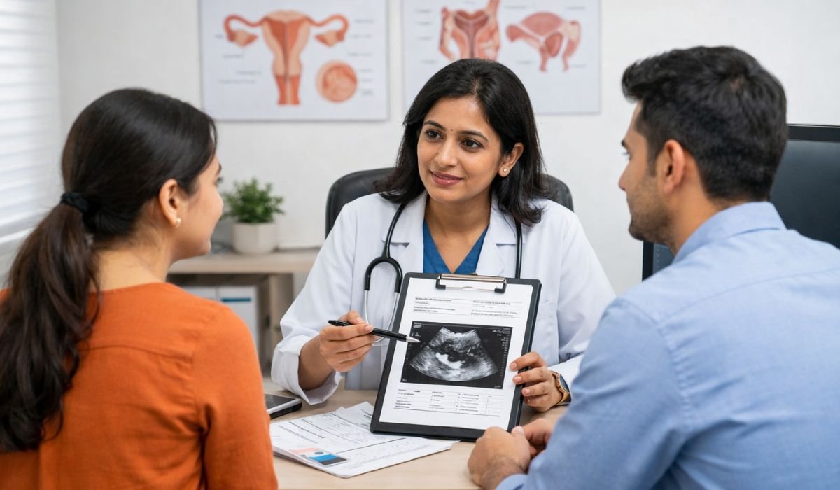 Fertility specialist explaining infertility diagnosis process to a couple in a clinic