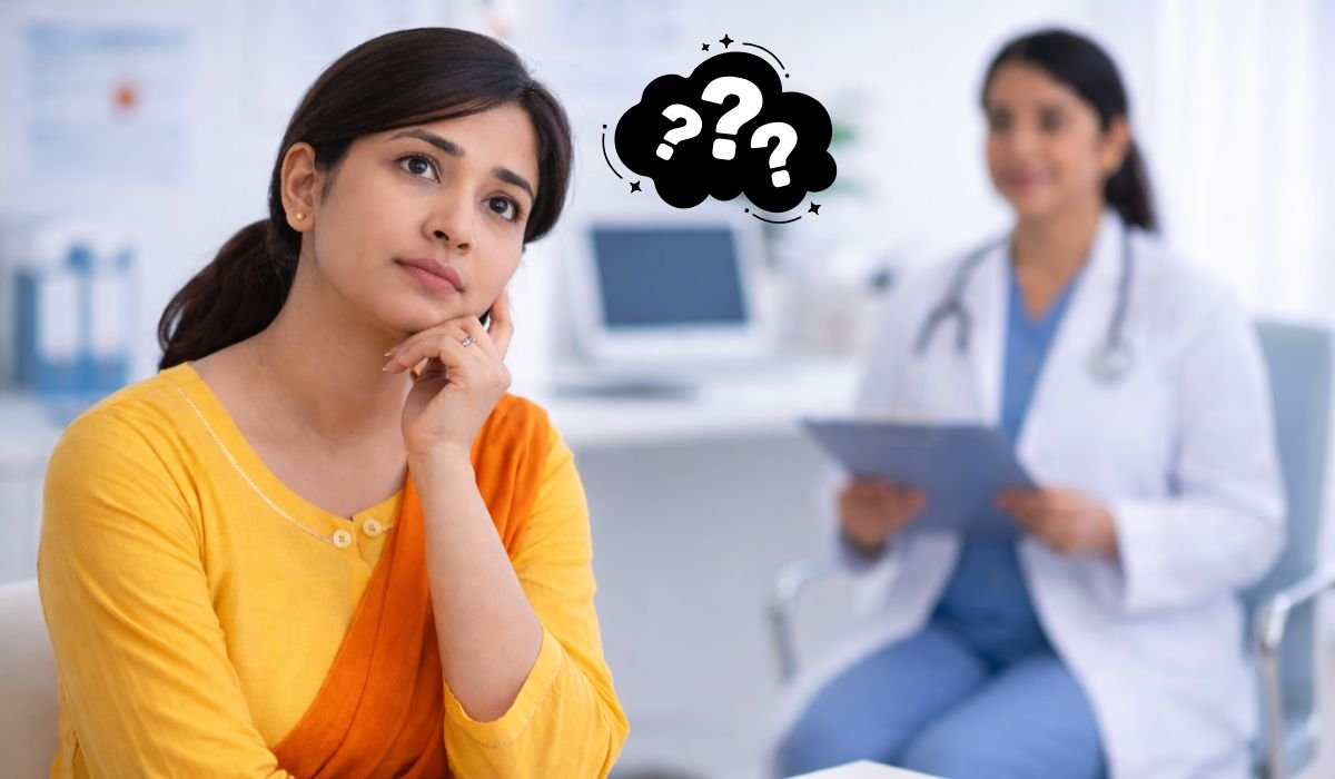 Indian woman consulting fertility specialist about female fertility myths in clinic