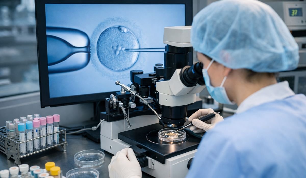 IVF treatment process in fertility clinic laboratory showing embryo fertilization under microscope