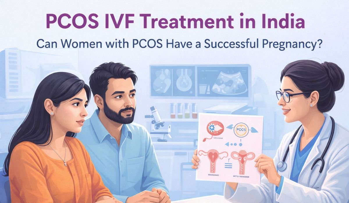 Doctor explaining PCOS IVF treatment to a couple at a fertility clinic in India