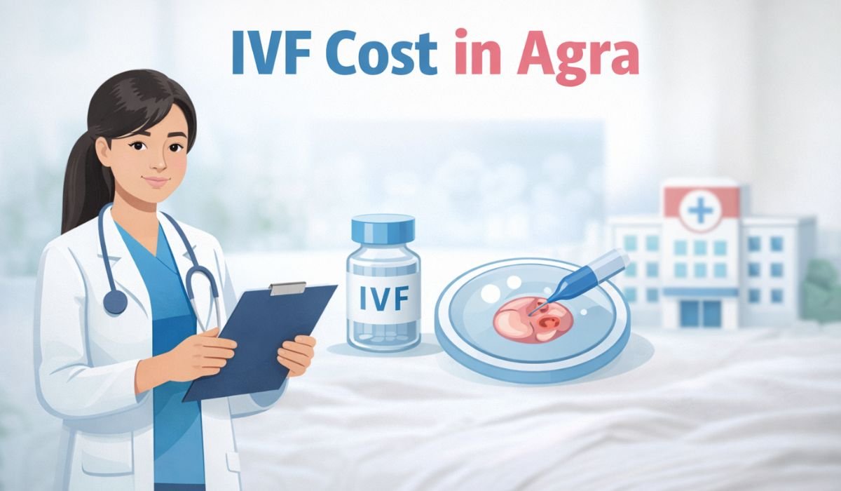 IVF cost in Agra with doctor and IVF treatment process illustration