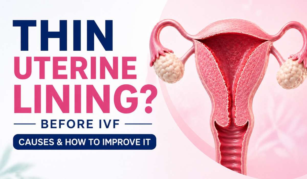 Thin uterine lining before IVF illustration showing uterus and endometrial thickness for fertility treatment
