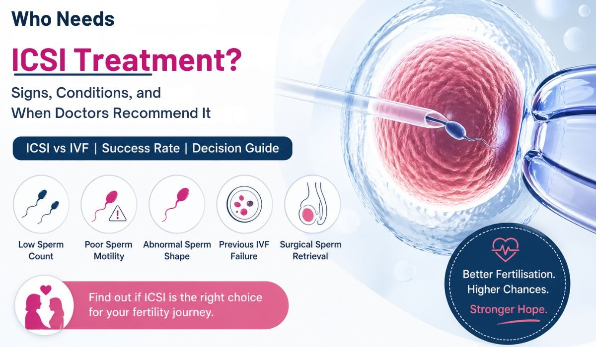 Who needs ICSI treatment illustration showing ICSI procedure and IVF vs ICSI comparison for fertility treatment in India