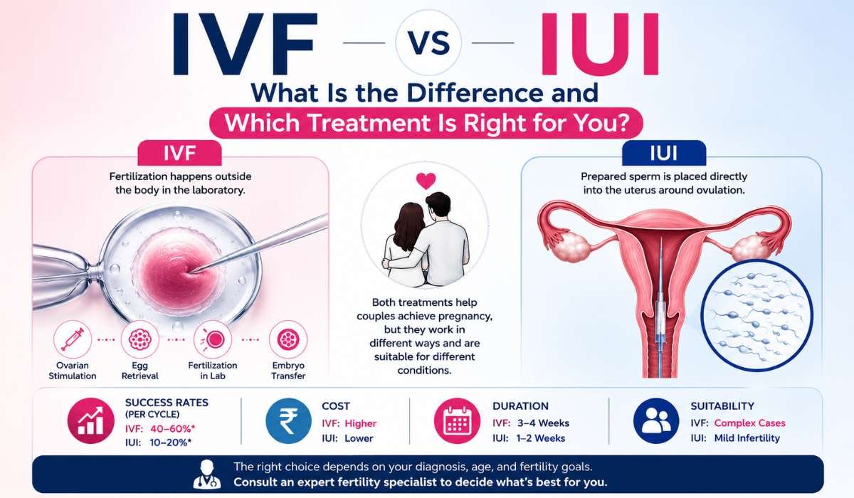 Medical comparison of IVF and IUI fertility treatments showing procedures, success rates, costs, duration, and suitability for different infertility conditions.