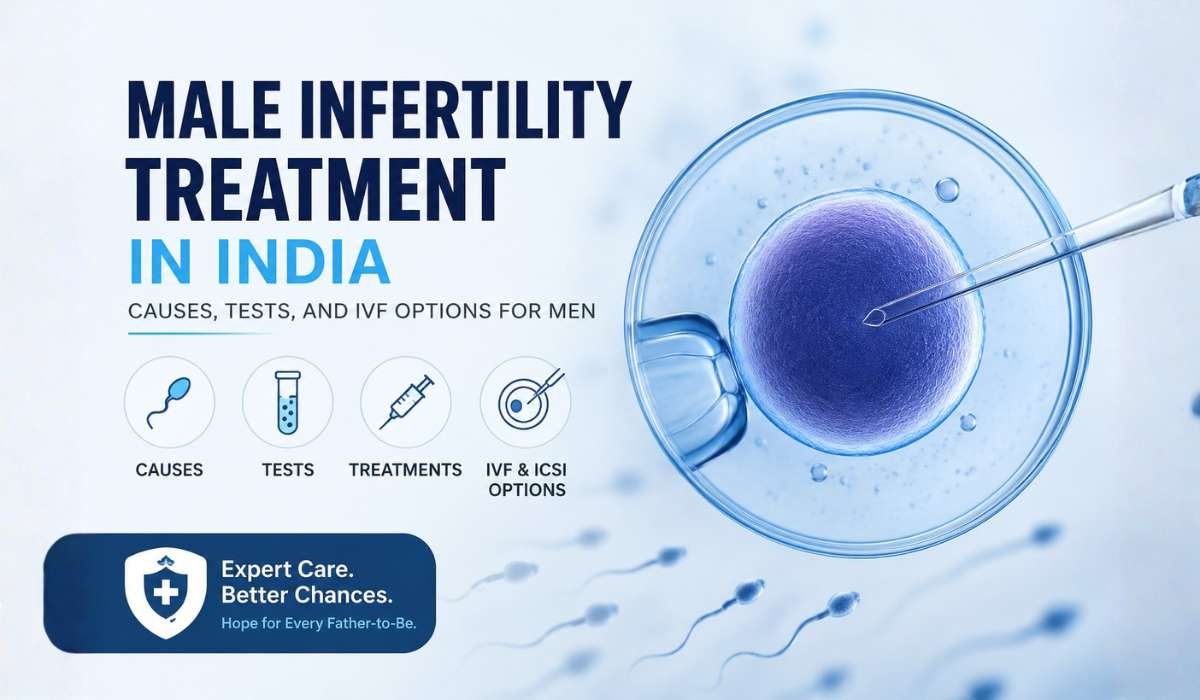 Male infertility treatment in India with IVF and ICSI procedure illustration