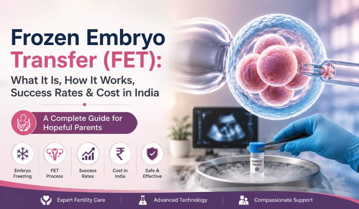 Frozen Embryo Transfer (FET) procedure showing embryo freezing, thawing, and IVF embryo transfer process in India.