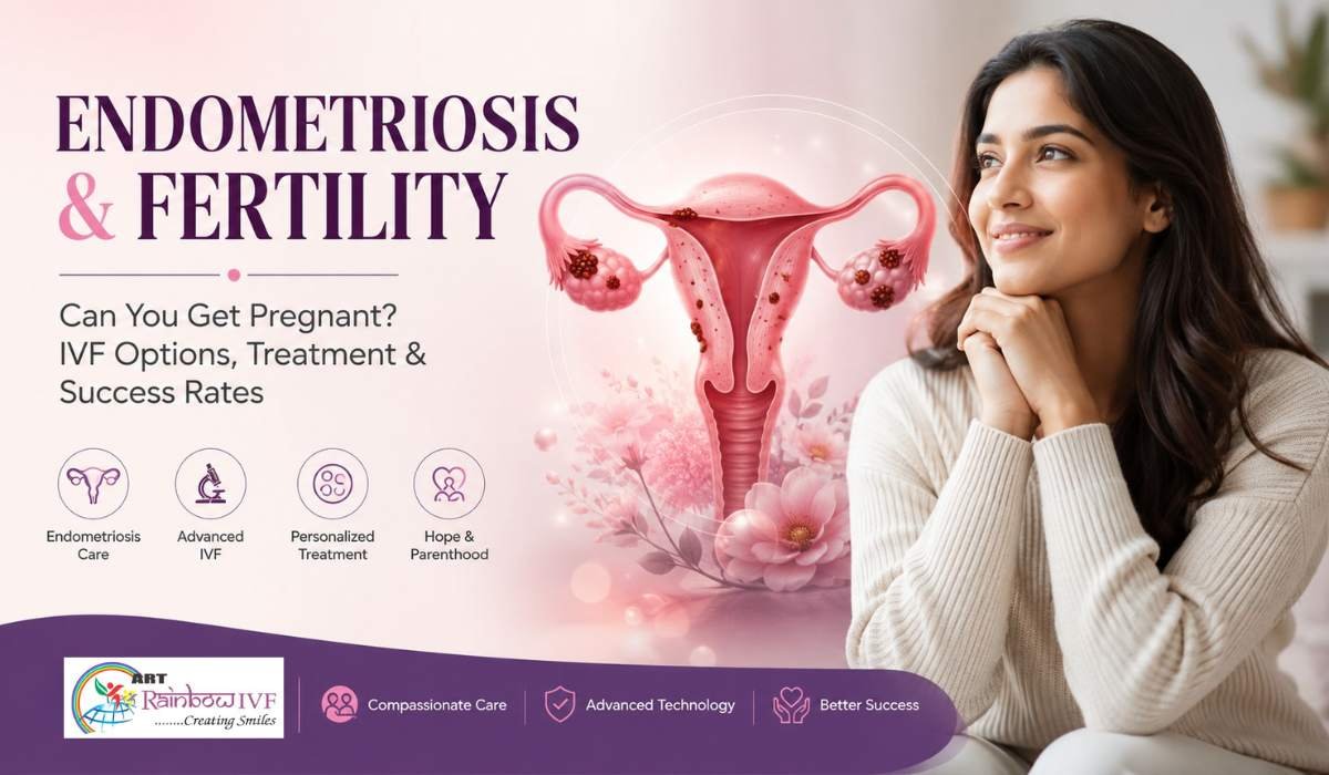 Illustration showing endometriosis affecting the uterus with a hopeful woman, representing fertility treatment, IVF options, and pregnancy after endometriosis.