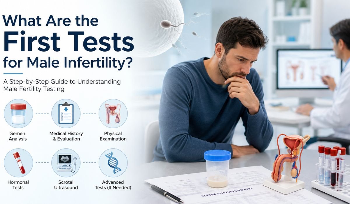 First tests for male infertility including semen analysis, medical history evaluation, physical examination, hormonal tests, scrotal ultrasound, and advanced fertility testing.