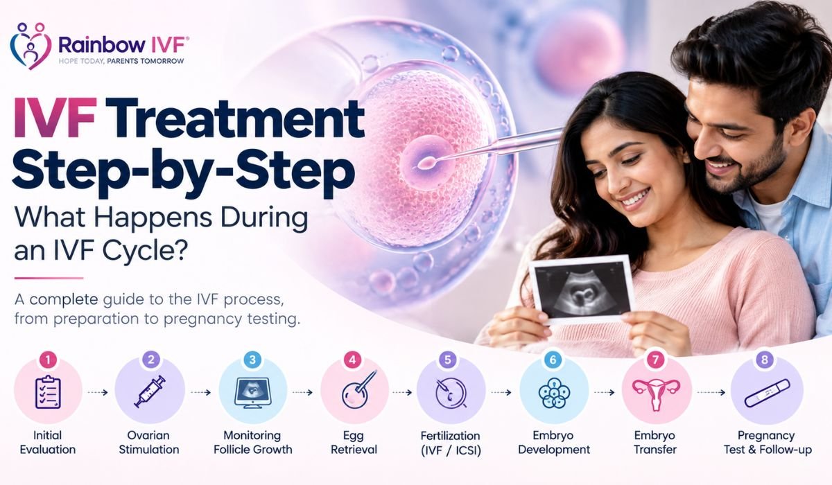 IVF treatment process step by step, from ovarian stimulation and egg retrieval to fertilization, embryo transfer and pregnancy testing.